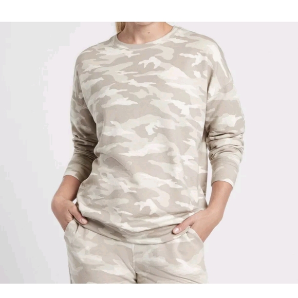 Athleta Balance Pullover Sweatshirt Size Medium Tan Camouflage SOFT Tencel Modal - Picture 1 of 8